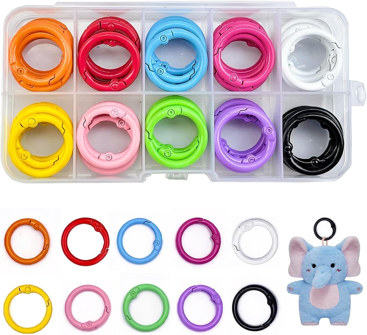 50 stuks mini-karabijnhaken, rond, 23 mm, veerringen, kleurrijk, snap veer, O-ring, metalen gesp met opbergdoos - ShopVlot