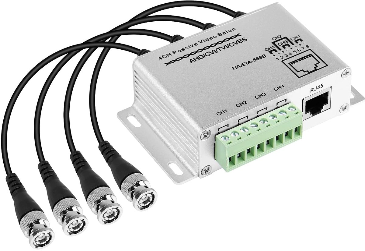 CERRXIAN 4-CH Passive Video Balun, HD 720P/1080P Aluminum Alloy BNC to RJ45 Network Transceiver Coaxial Cable - ShopVlot