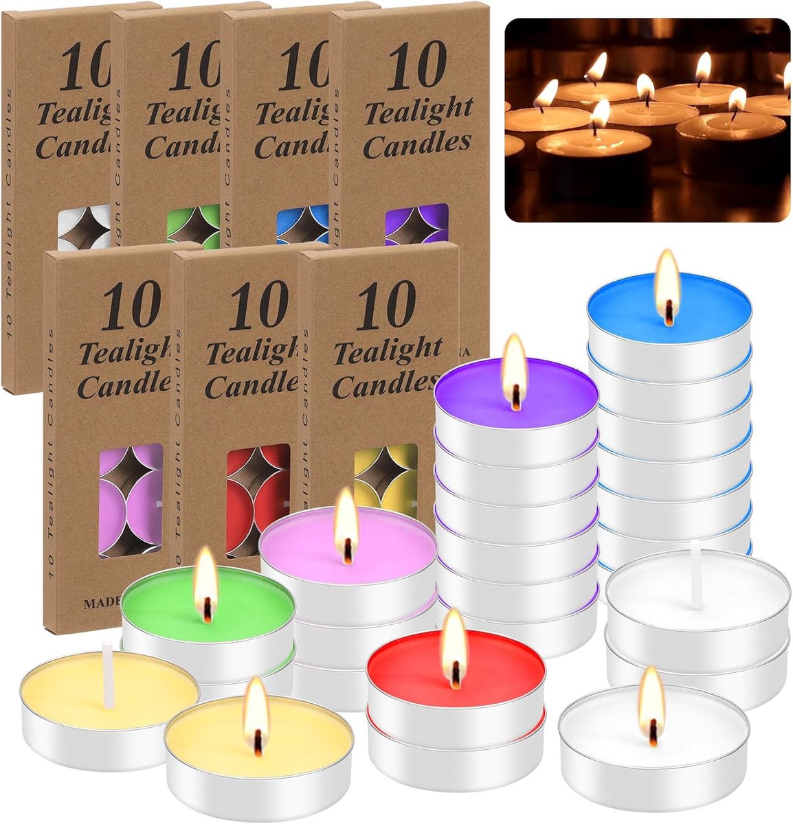 Tanstic 70 Pcs Tea Lights, 7 Colors Tea Lights in Aluminum Cups, Teacup Candles Bulk, Smokeless, Dropless, Unscented - ShopVlot