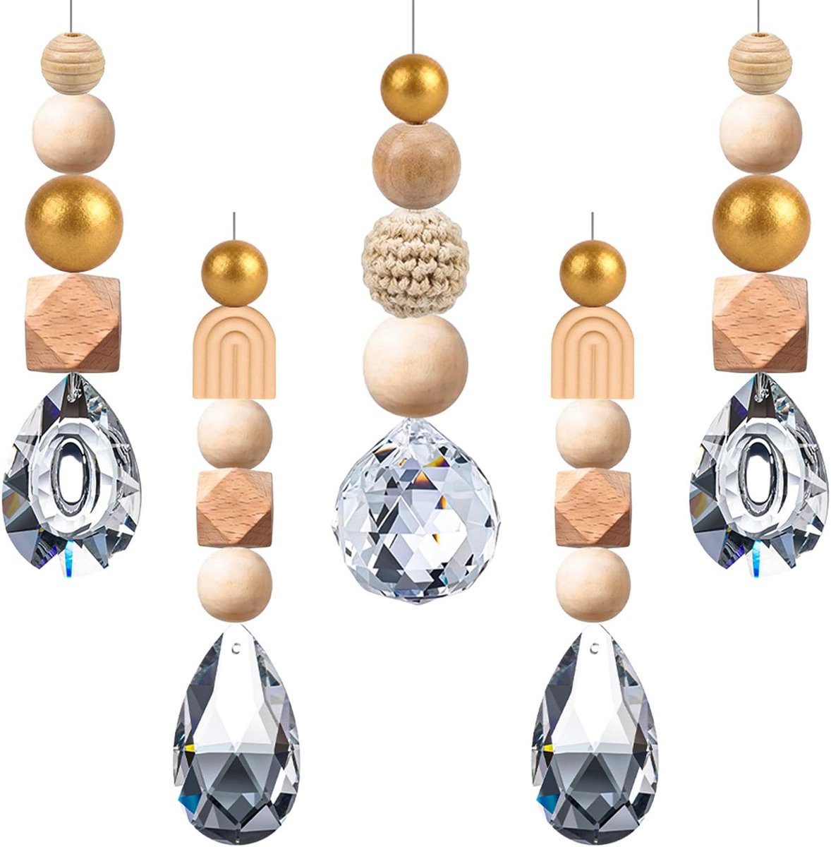 Set van 5 hangers prisma kristal dromenvanger kralen hout Boheemse stijl - ShopVlot