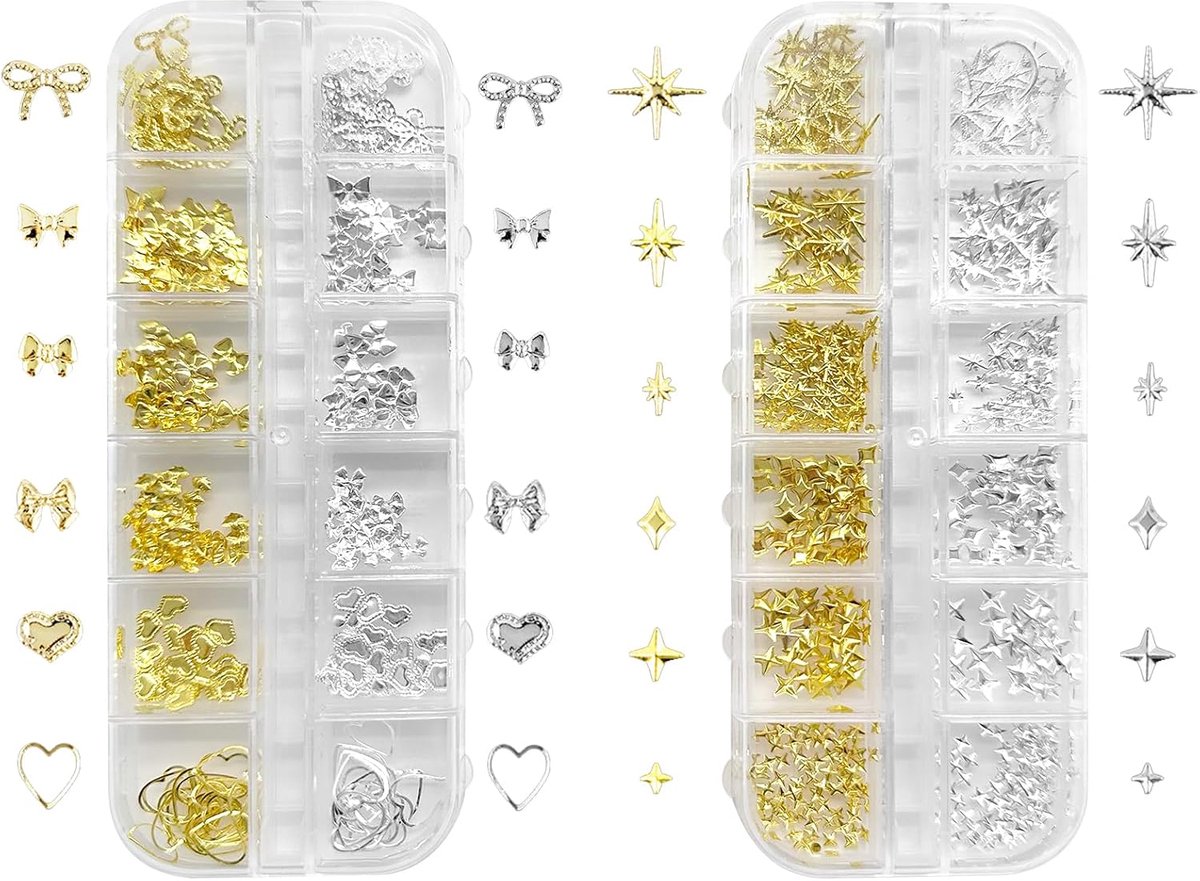 Gold Silver Star Bows Love Nail Charms, 2 Boxes Metal Nail Art Decoration, Gold Glitter Stones, Crystal Nail - ShopVlot