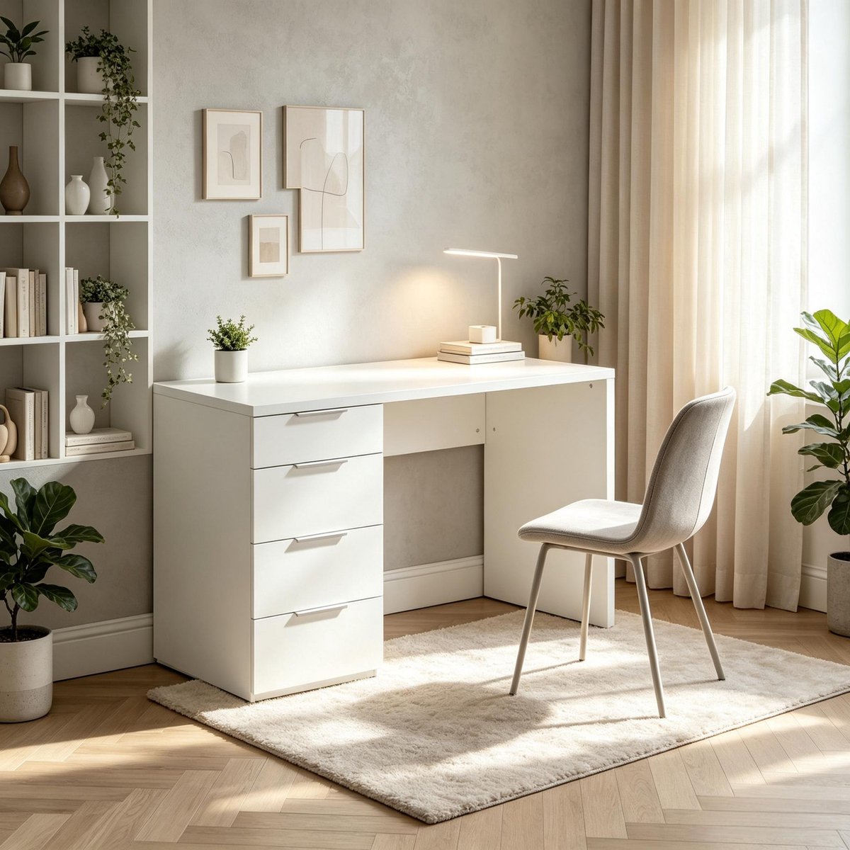 Computerbureau Wit Hoogglans - Bureau Met 4 Laden En Opbergruimte - Modern Thuiswerkbureau Voor Kantoor En Slaapkamer