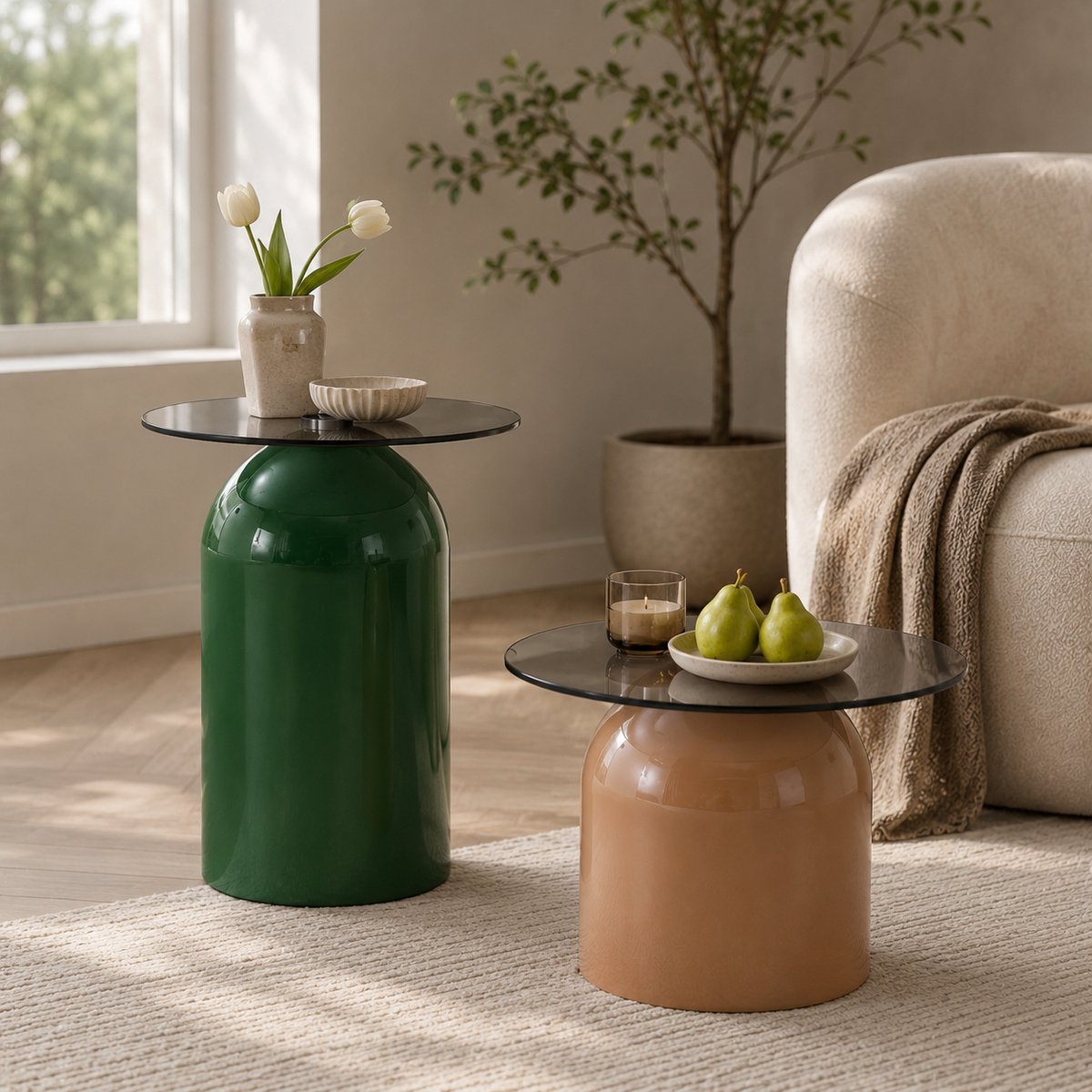 2-delig Couchtisch Set Glockenvorm - Tafels Met Glas En Hoogglans Metaal - Groen Lichtbruin