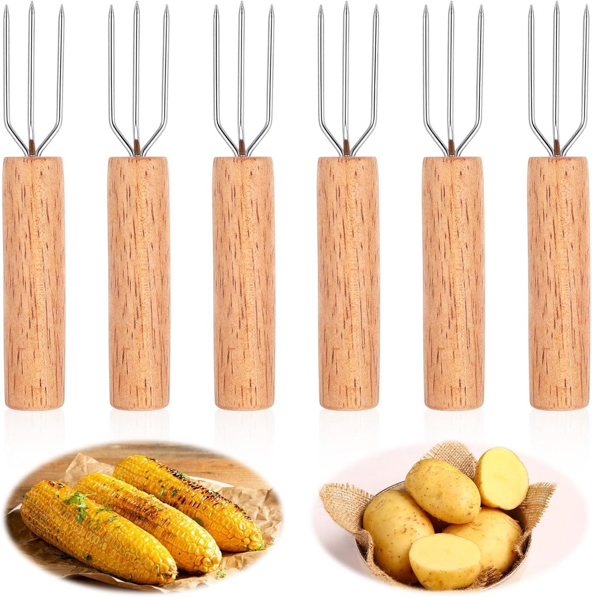Aardappelvorken set van 6 - 10,5 cm - hout en roestvrij staal - herbruikbaar grillgereedschap - ideaal voor barbecue - ShopVlot