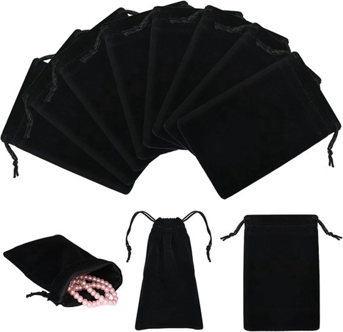 SnelShoppen - 20 Stuks Zachte Velvet Tassen 10x15cm - Zwarte Cadeautassen met Koord - Herbruikbare Sieraden Tassen voor Bruiloft, Feest en Cadeauverpa