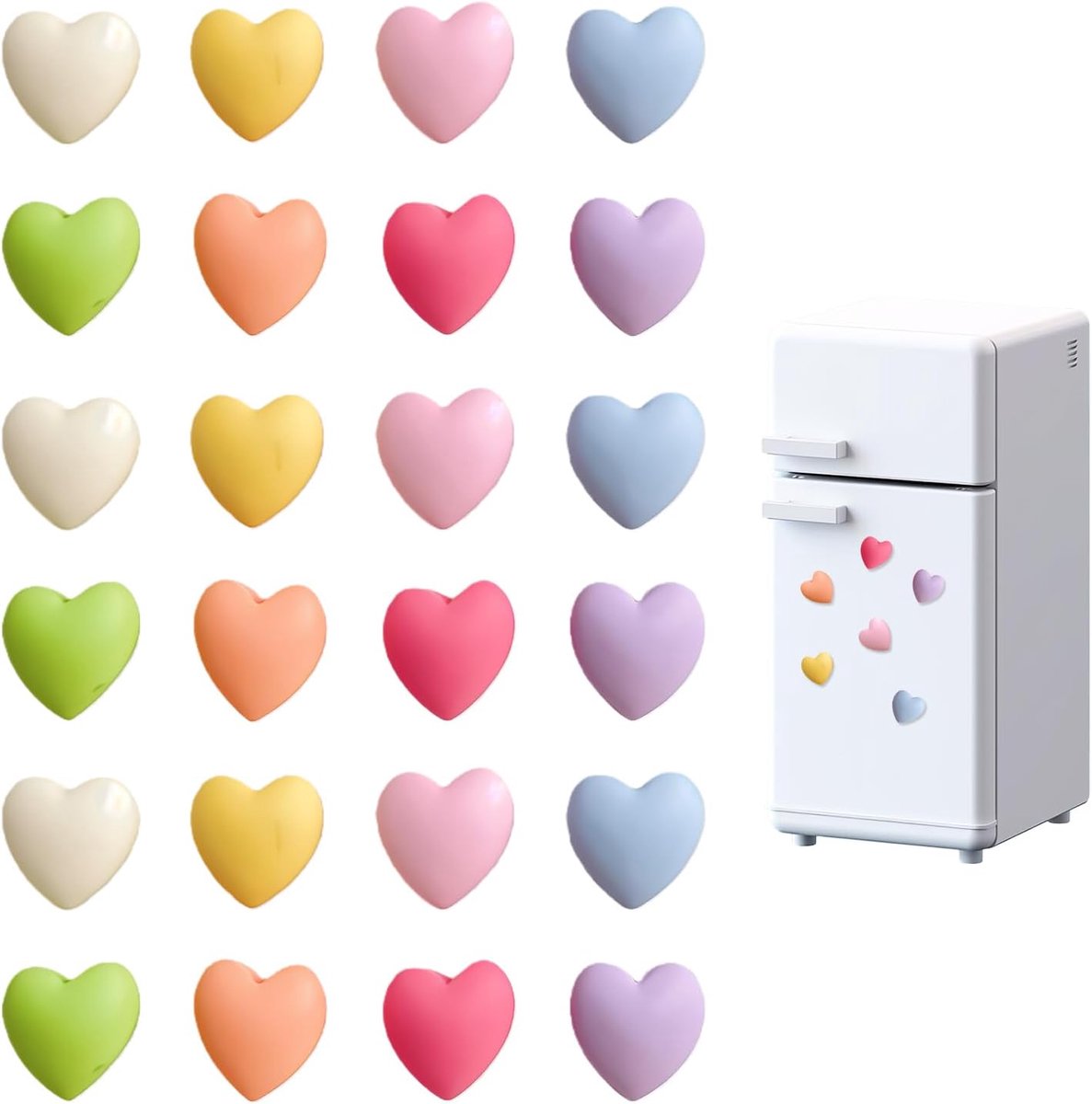 Pack of 24 Colourful Heart Magnets for Refrigerator, 3D Fridge Magnets in 8 Colours, Strong Magnets for Whiteboard - ShopVlot