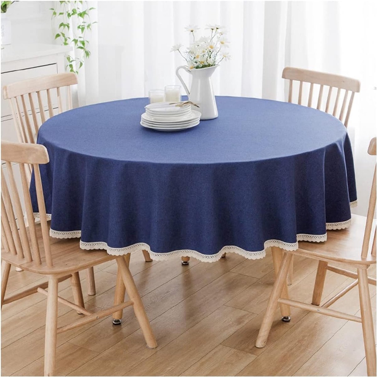 Ronde tafelkleed van katoen en linnen voor eet- en balkon tafels, machinewasbaar, diepblauw, diameter 100 cm, perfect voor elke gelegenheid
