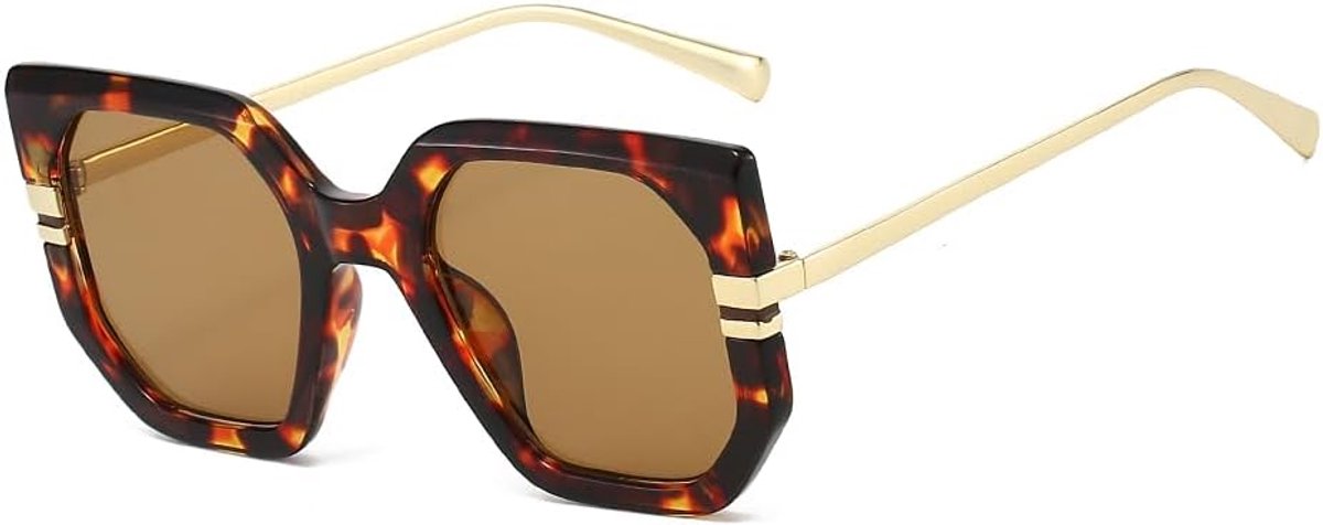 Retro zonnebril hexagonaal extra lang - grote gouden metalen frame - unisex stijl - perfect voor zonnige dagen - ShopVlot