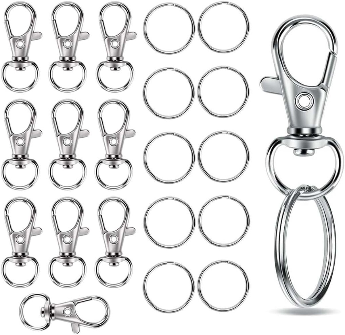 Sleutelringen 20 stuks - 10 karabijnhaken 35 mm + 10 ringen 25 mm - roestvrij staal en zinklegering - ShopVlot