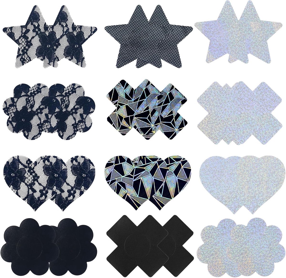 Wegwerp tepelafdekking 12 paar - zilver en zwart - sexy glitter - perfect voor feesten - ShopVlot