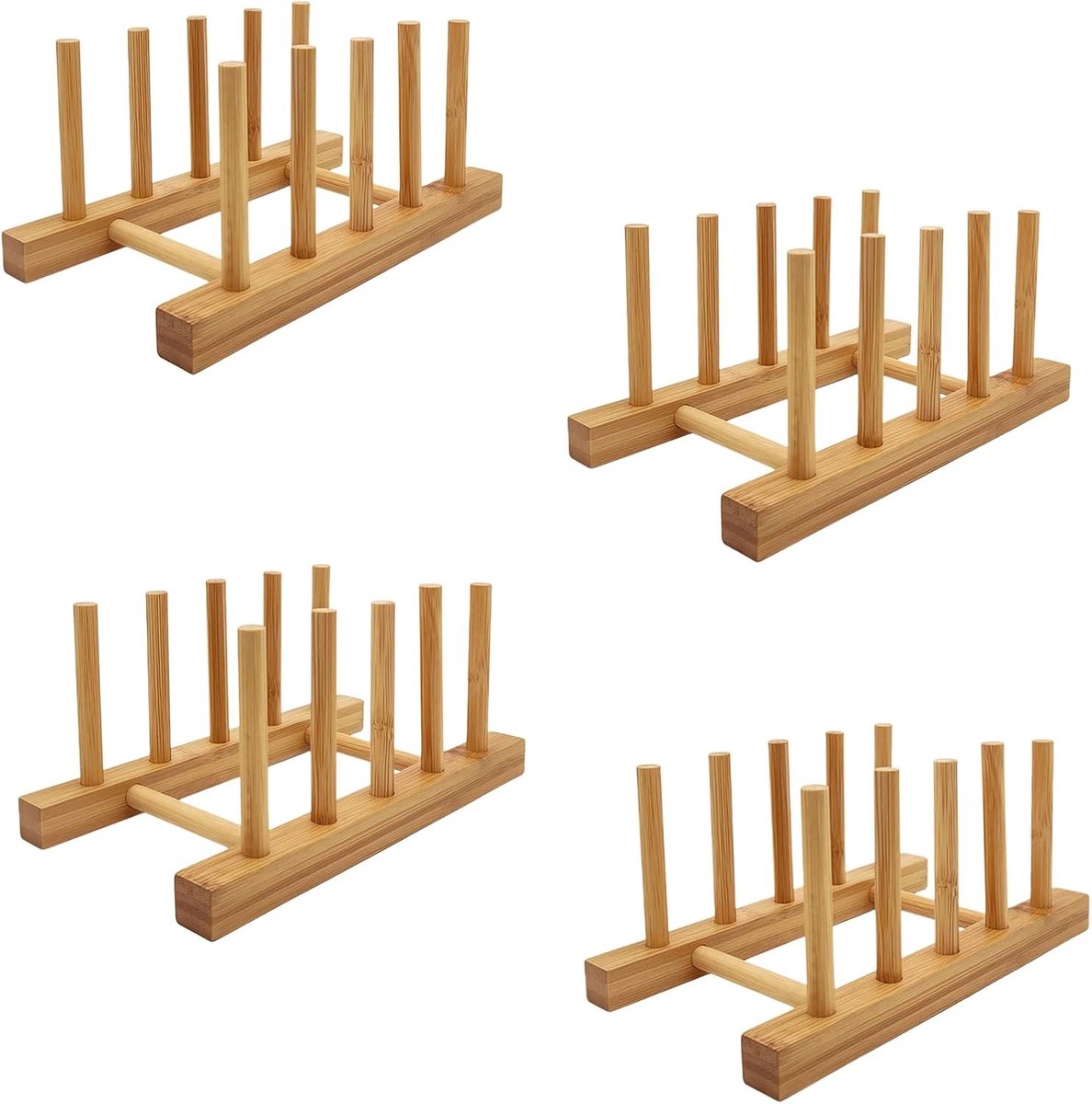 Bordenhouder - Bamboe - 4 Vakken - Multifunctionele Organizer voor Borden, Kopjes en Deksels - Voor Keukenkasten