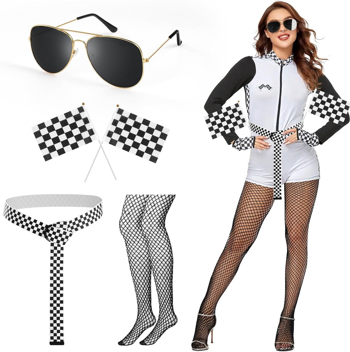 Vrouwen Racer Piloot Kostuum - Sexy Aviator Outfit - Zwart met Vlaggen en Ruitjes - Perfect voor Carnaval - ShopVlot