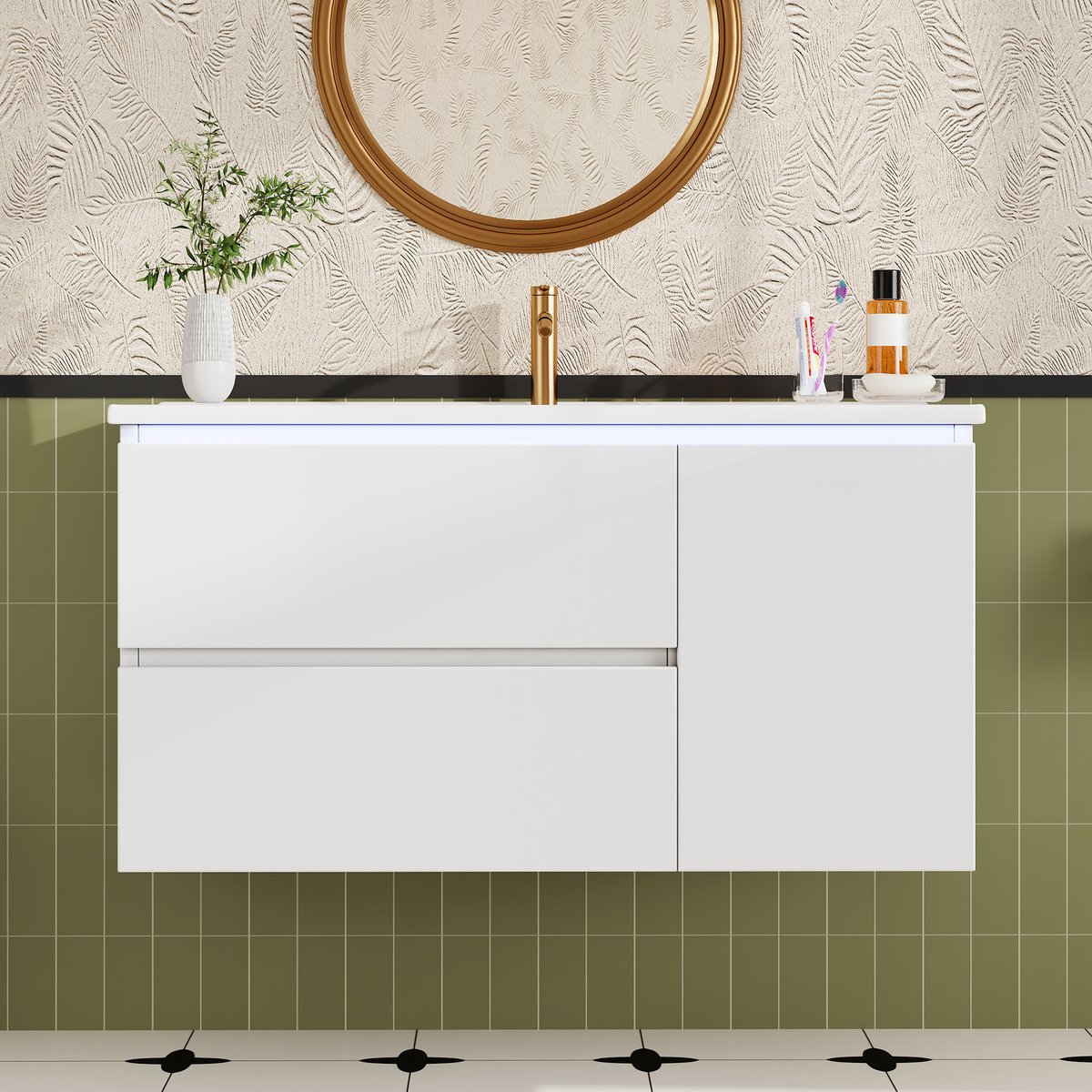 REDOM - Badkamermeubel - Wandhangend - LED-radarsensorverlichting - 2 lades en 1 deur - Modern - Badkamer - MDF en keramiek - Wit - 91,5 x 46,5 x 50,5 cm