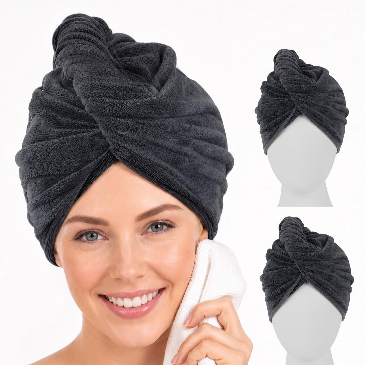Microvezel Haarhanddoek - Donkergrijs - 25 x 65 cm - Super Absorberende Tulband met Knoop - Voor Dames