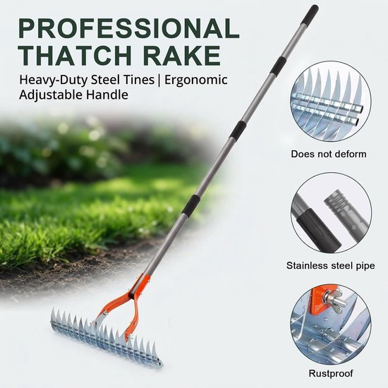 Scarifier rake 170 cm - metalen handscarifier - verstelbaar - voor het reinigen van dode gras - ShopVlot — afbeelding 2