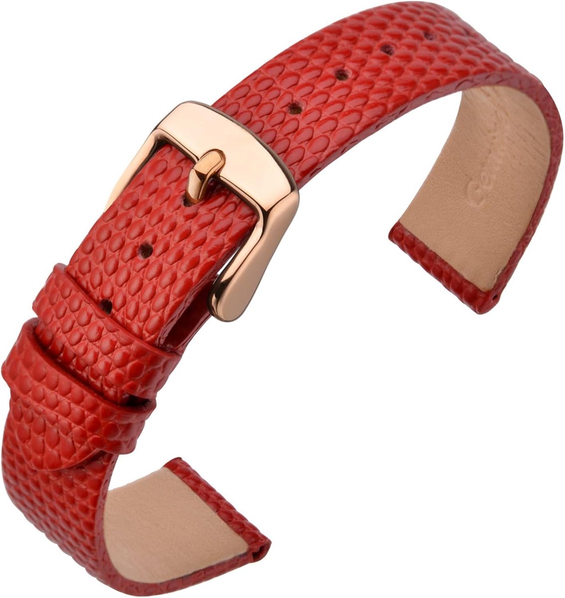 Horlogeband 14mm - Leren met Hagedisstructuur - Rood/Rozegouden Gesp - Stijlvolle vervangband - ShopVlot