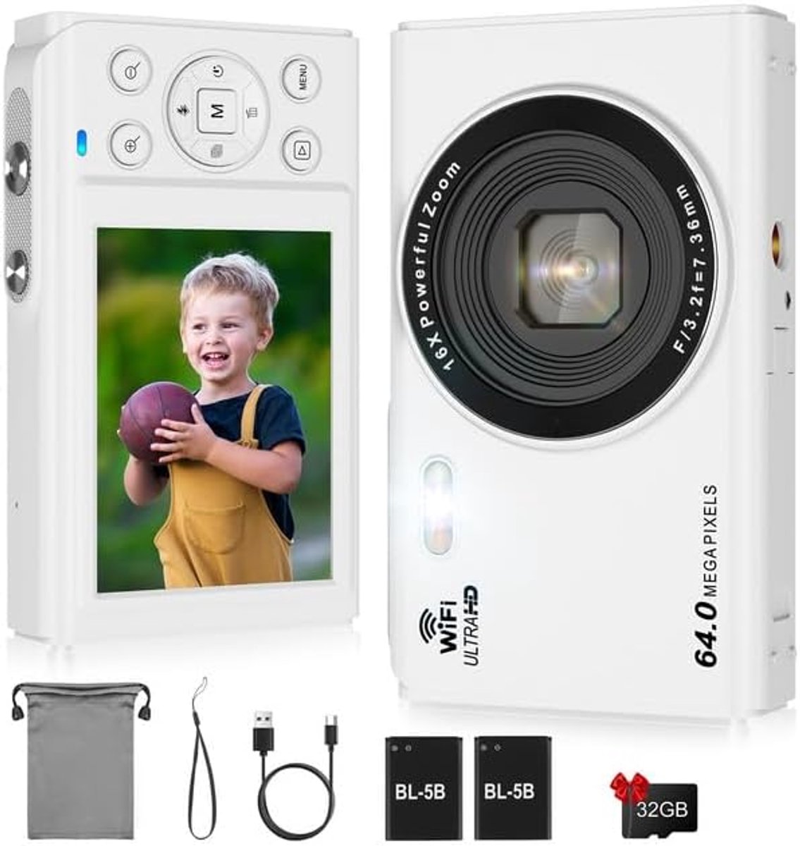 Digitale camera 4K 64MP - Mini compact camera met 16x zoom - Inclusief 32G kaart en 2 batterijen - ShopVlot