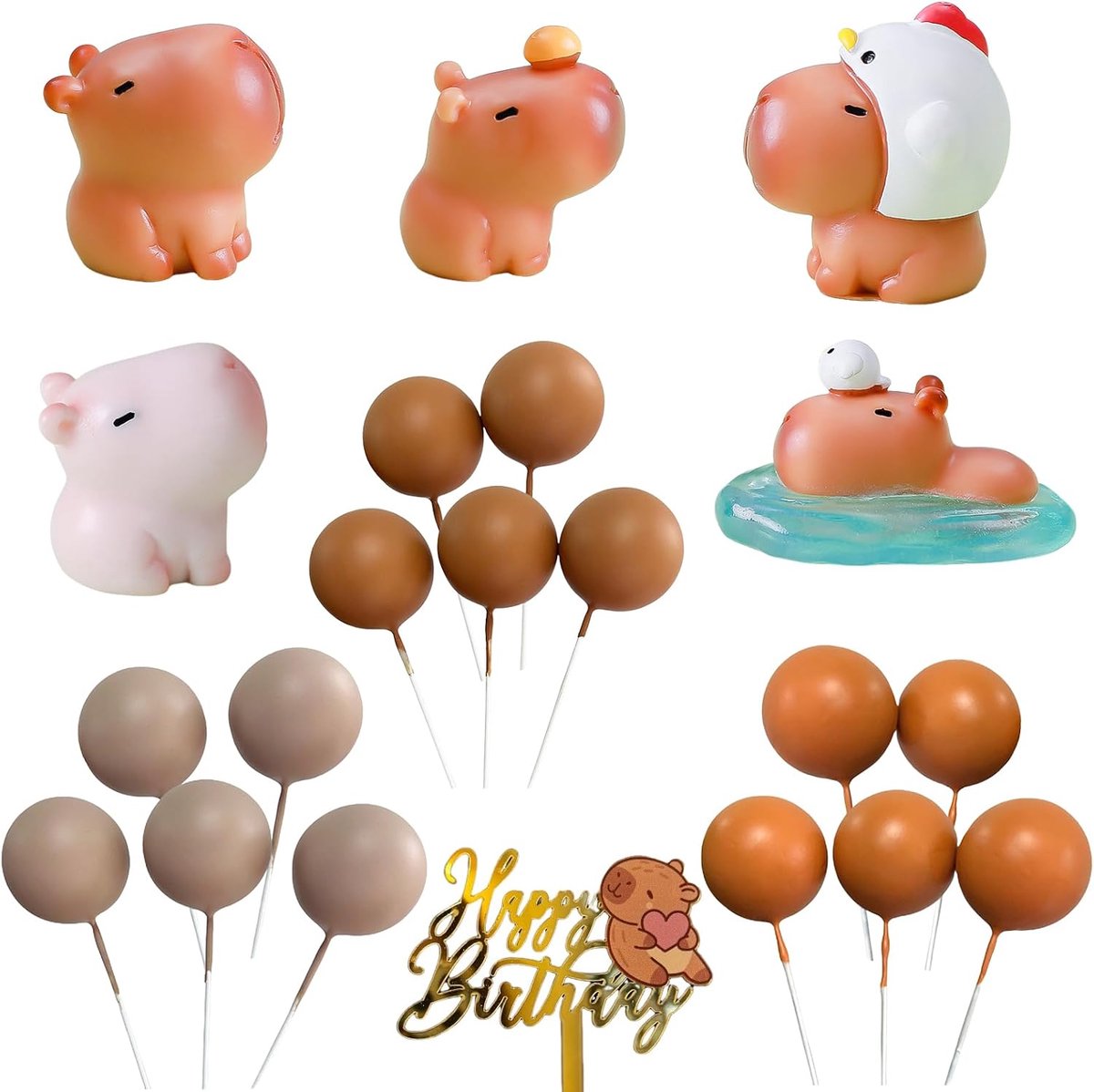 Taartdecoratie capibara 21 stuks - schattige figuren - kleurrijke ballen - feestversiering voor verjaardag - ShopVlot