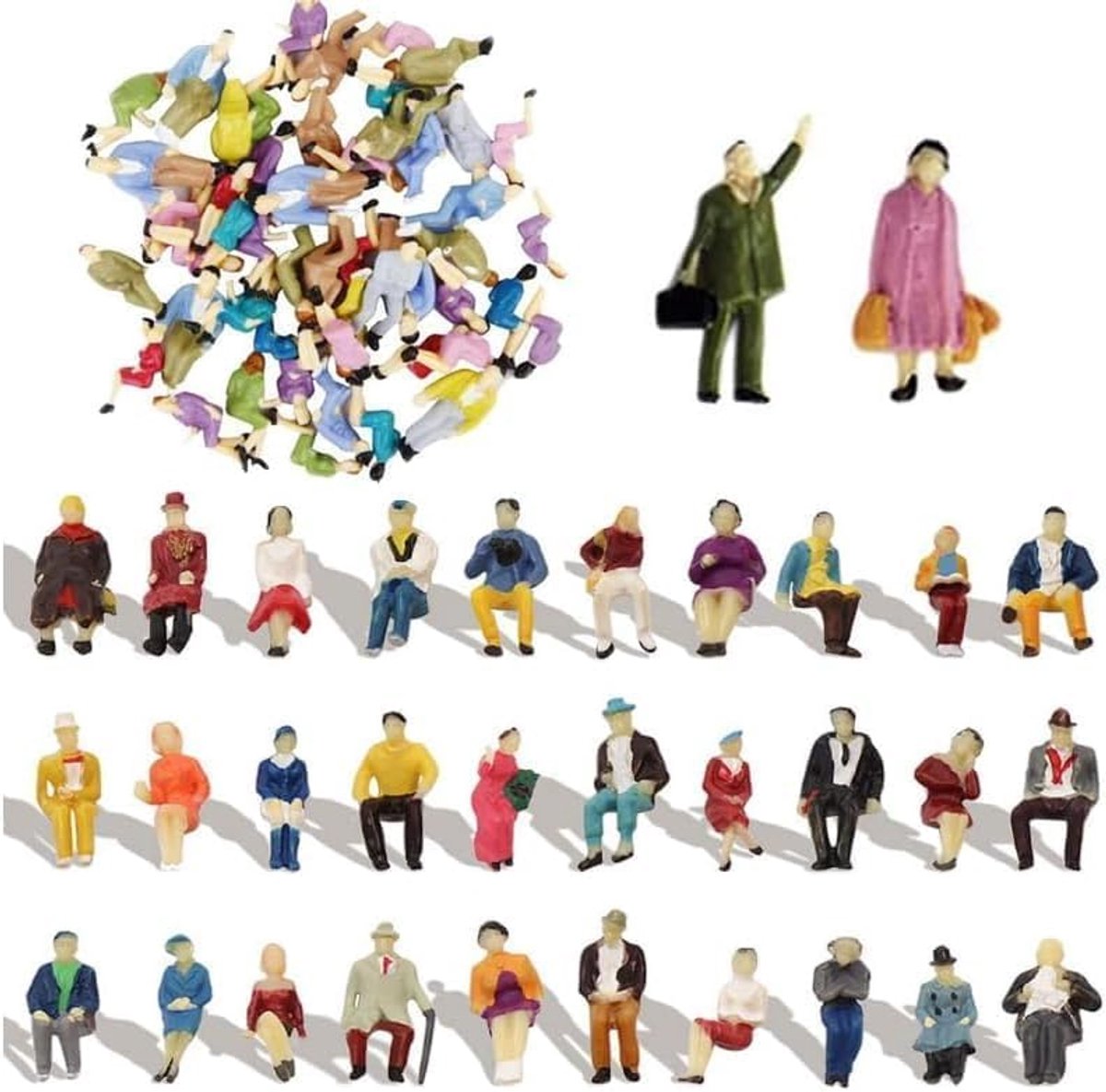 Miniatuur Figuren 60pcs - 1:87 Schaal - Geverfde Zittende en Staande Personen - Voor Modelspoor en Straat - ShopVlot