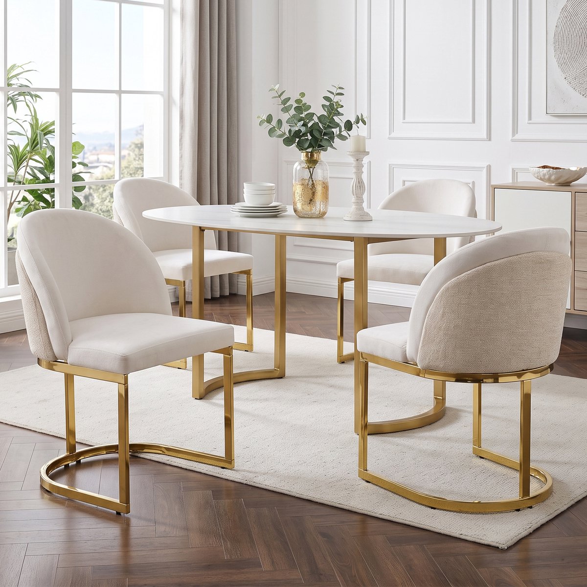 FloraGrace Eetkamerstoel – Luxe Dubbele Rugleuning – Set Van 4 – Chenille – Modern – Beige En Goud – Comfortabel Voor Eetkamer En Woonkamer
