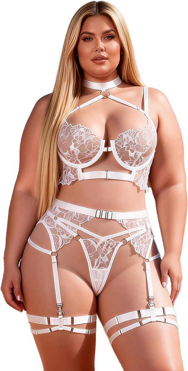 Lingerieset voor dames grote maten - doorzichtig borduursel - met halterband en beenbanden - sexy uitstraling - ShopVlot