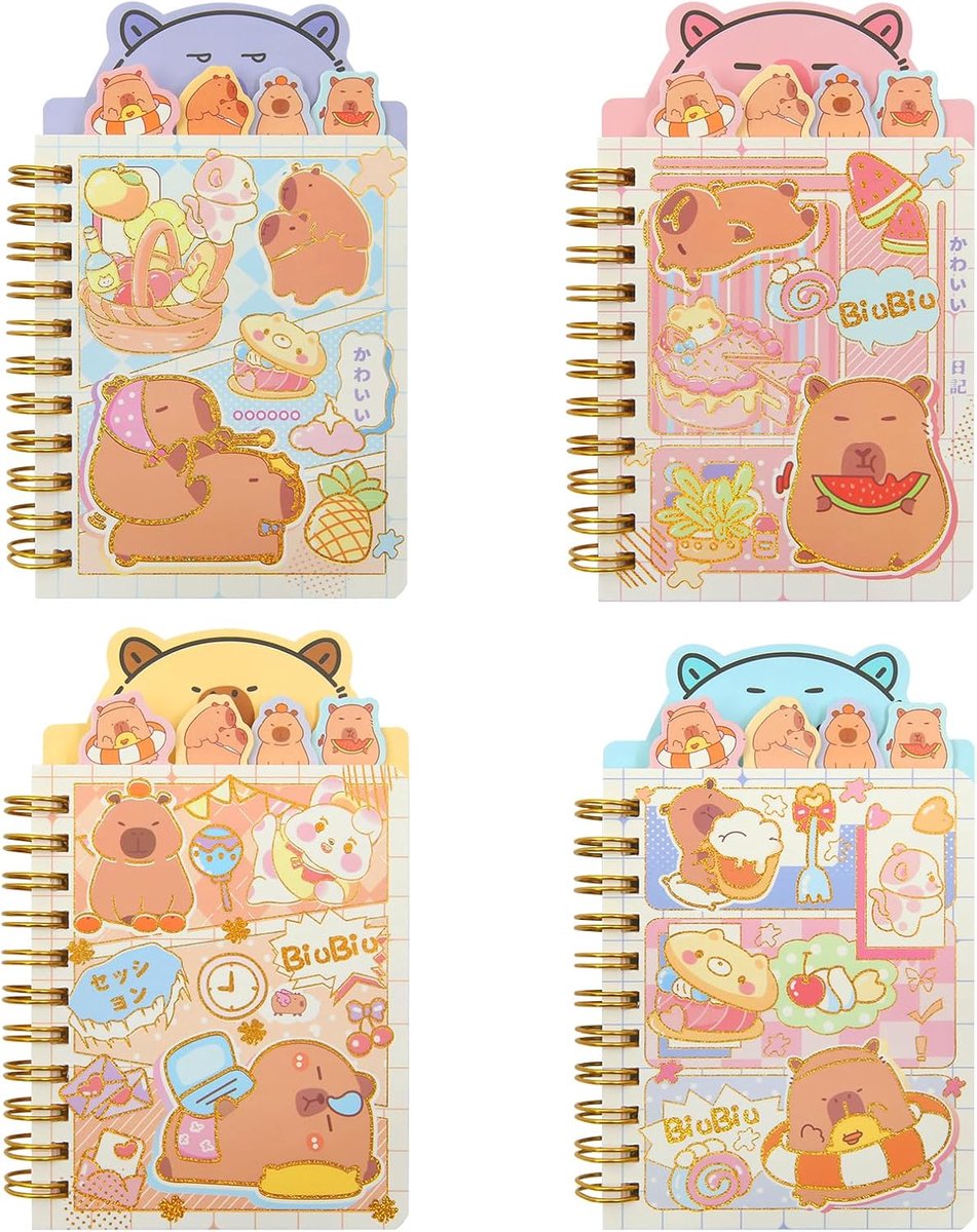 Mini spiral notitieboekjes A7 - 4 verschillende capybara ontwerpen - glitter pocket notitieblokken - ShopVlot