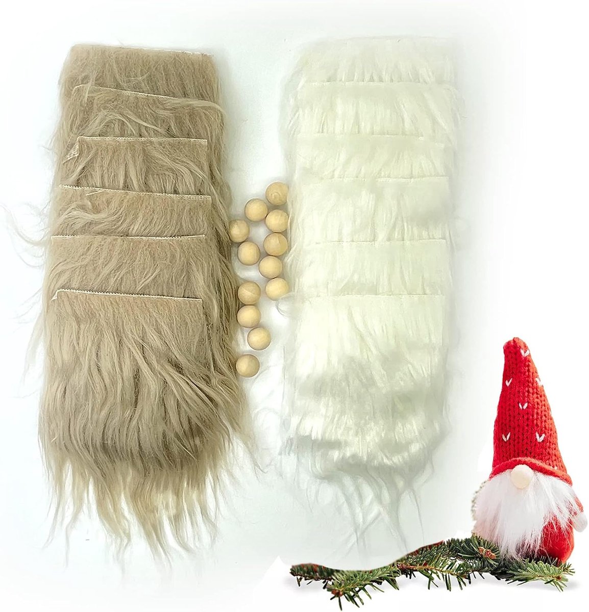 Miniatuur Gnome Beard Set - 12 Stuks Faux Fur - Inclusief Houten Ballen - Perfect voor DIY Kerst Dwarfs - ShopVlot