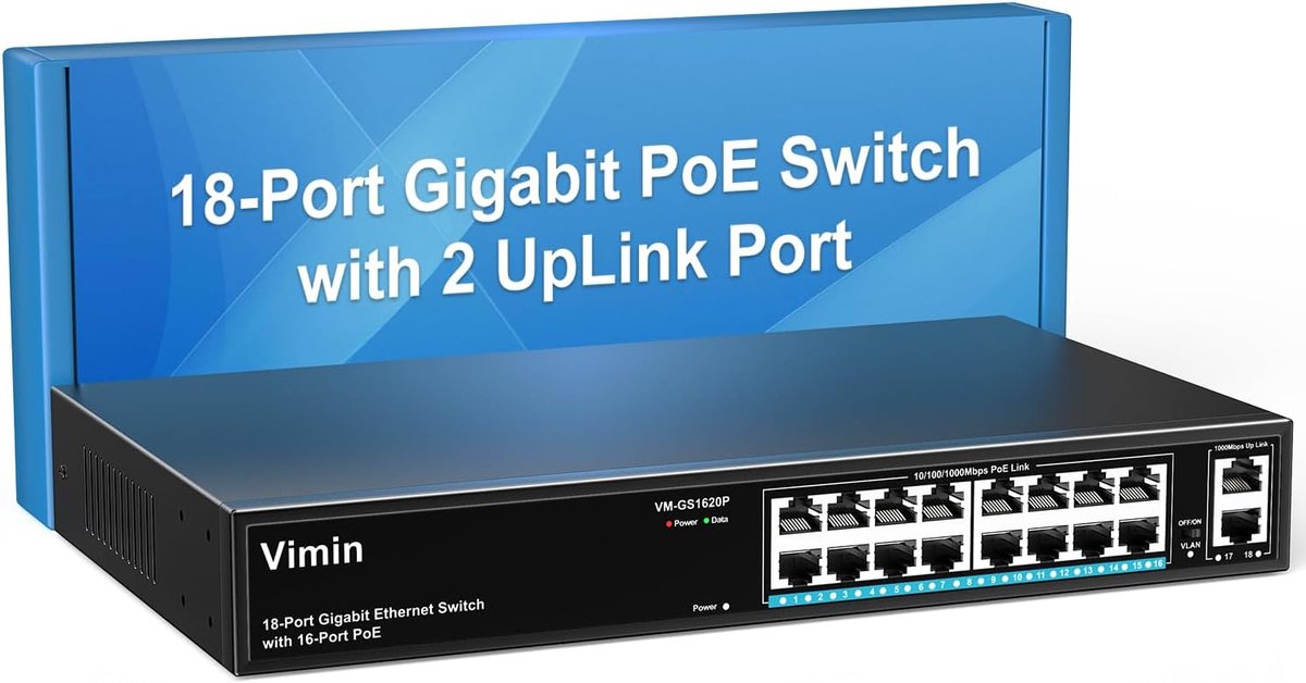 PoE Switch 18-poorts - 16x Gigabit PoE+ - 2 uplink poorten - betrouwbare netwerkoplossing - ShopVlot
