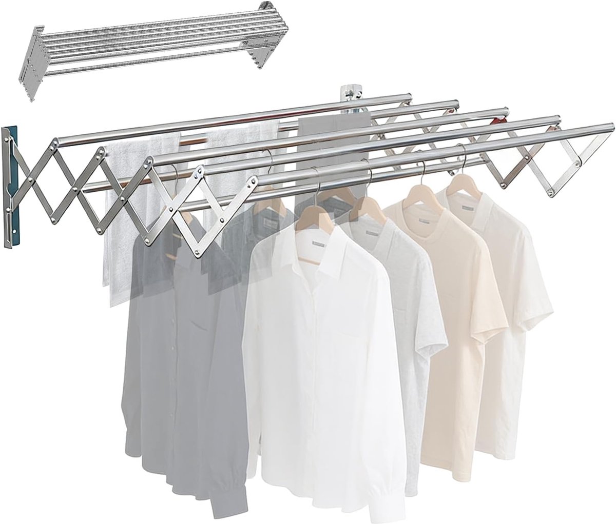 Droogrek wandmontage 65-127 cm - zilverkleurig roestvrij staal - uittrekbaar met 7 stangen - ShopVlot