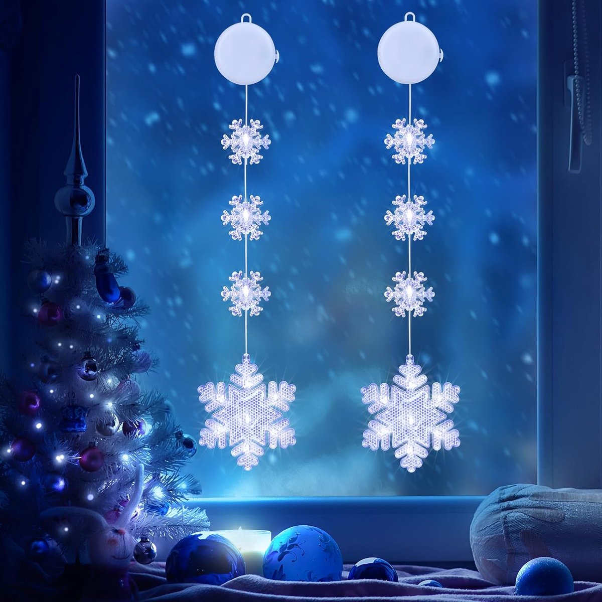 Qedertek Christmas Lights for Windows Indoor 2 Pieces Snowflakes Illuminated with Battery Timer 2 Modes White LED - ShopVlot