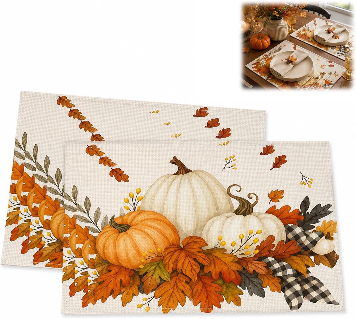 2 stuks herfstplacemats, motief: pompoen en esdoornbladeren, wasbaar, 30 x 45 cm, voor keuken, eettafel, binnen - ShopVlot
