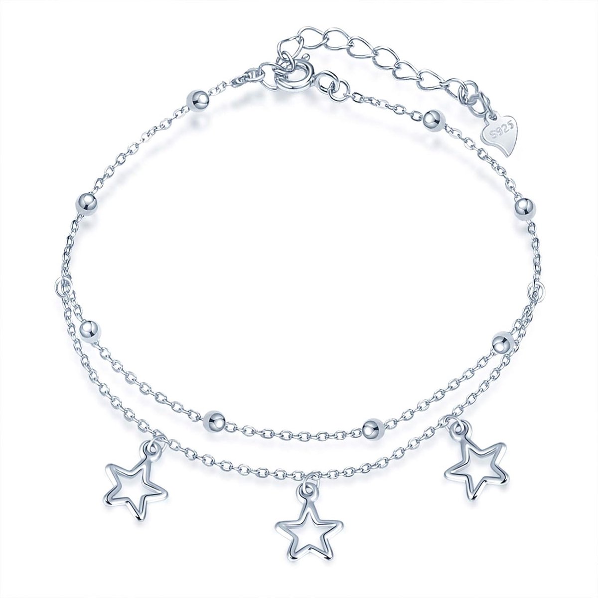 Yumilok Women's Anklet with Ball Star Pendant, 2 Layers, 925 Sterling Silver, Adjustable, Sterling Silver - ShopVlot
