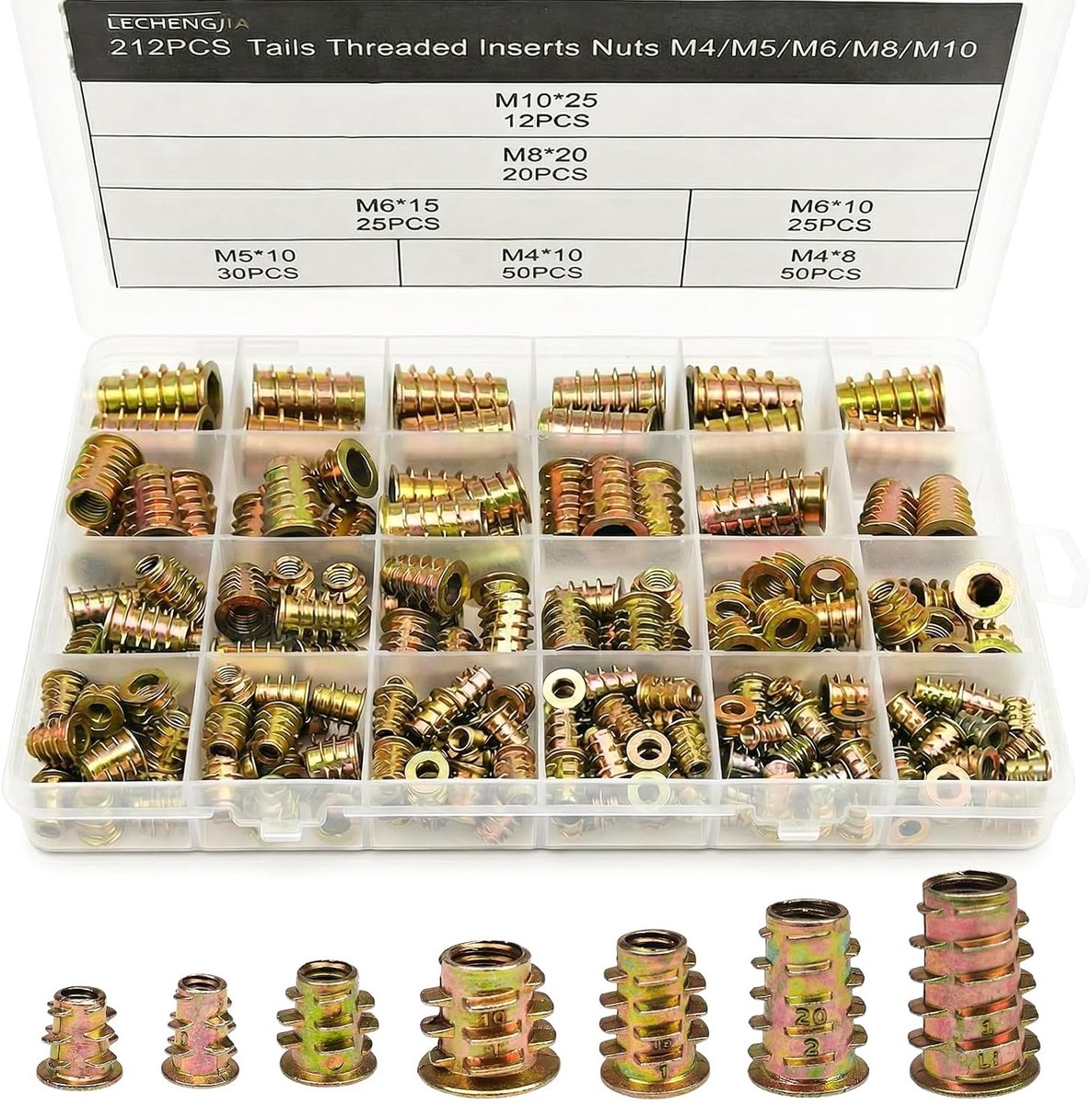 212 stuks houten schroefdraadinzetstukken M4/M5/M6/M8/M10, moeren schroefdraadinzetstukken, moeren, schroefmoeren - ShopVlot