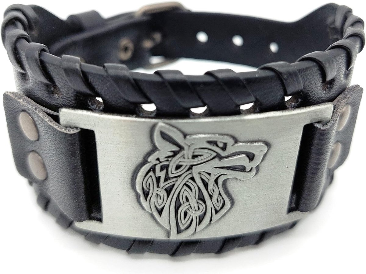 Vikings Viking bracelet wolf motif leather metal black silver, one size (flexible 18 - ShopVlot