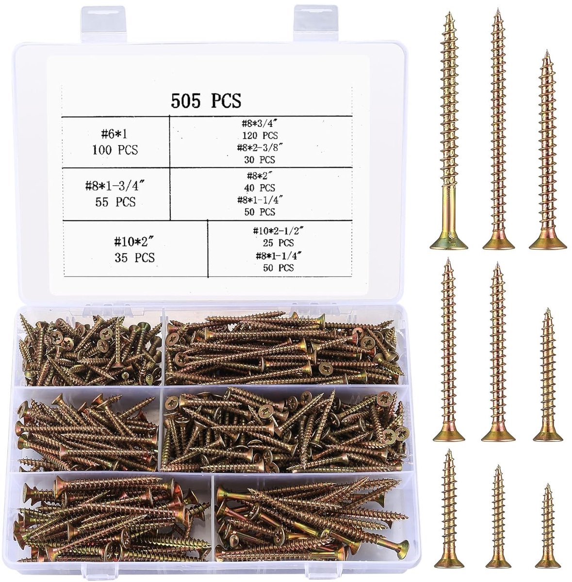 505-Piece Set of Self Tapping Wood Screws, Cross Head Screws, Flat Drill Head Screws, Bleach Screws, Brass Cross Head - ShopVlot