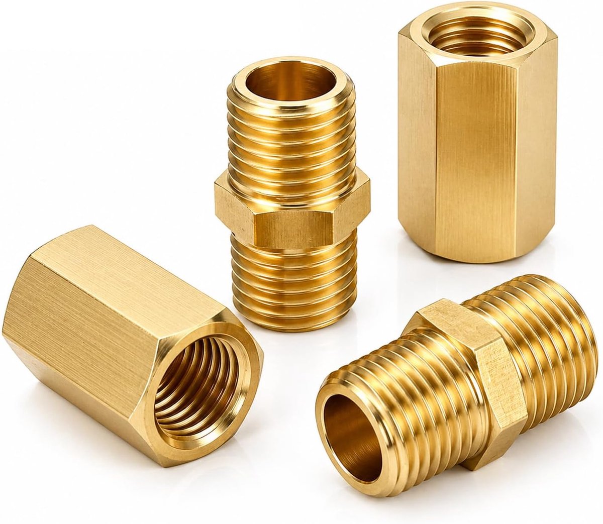 YOGAZEN 4 stuks dubbele nippels 1/4 inch, messing dubbele nippel zeskant 1/4 inch, 1/4 inch tot 1/4 inch binnendraad - ShopVlot