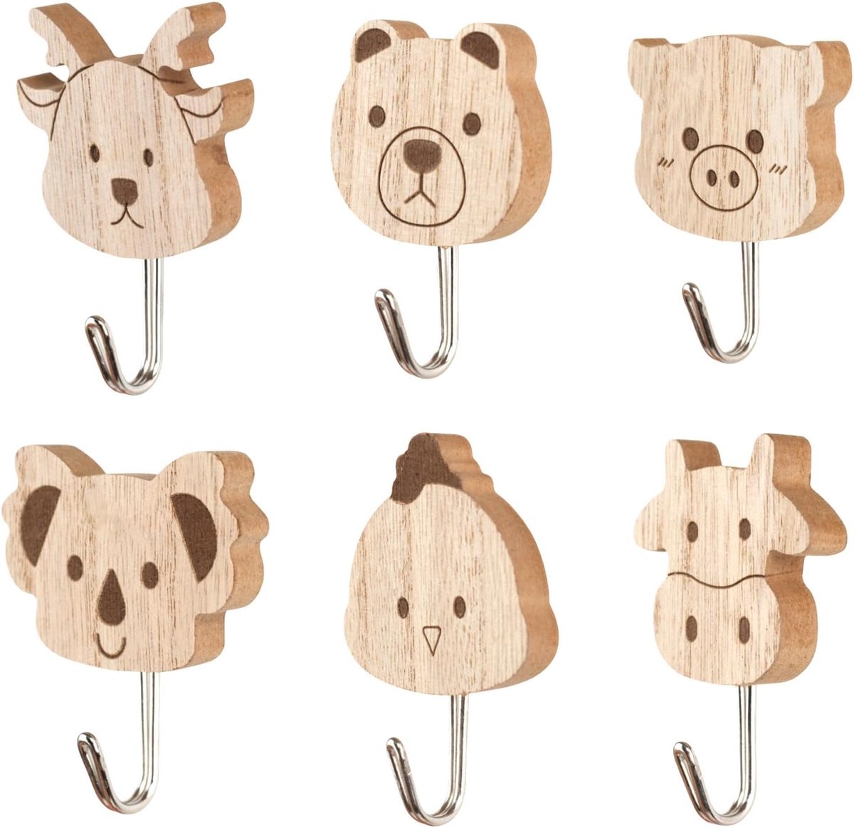 6 Pieces Cute Animal Clothes Hooks, Self Adhesive Wooden Wall Hooks, Perfect Kids Wardrobe for Bedroom, Bathroom and - ShopVlot