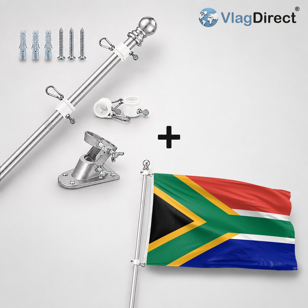 VlagDirect - Compleet vlaggenpakket - Zilveren vlaggenstok inclusief vlaggenstokhouder + Zuid-Afrikaanse vlag - Zuid-Afrika vlag - 90 x 150 cm.