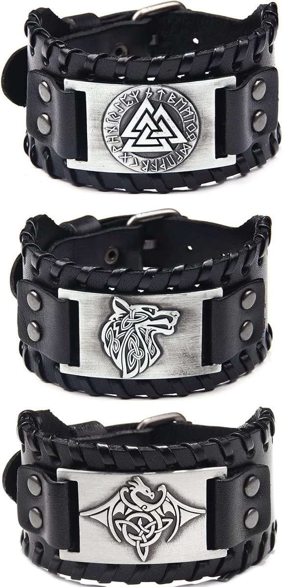 3pcs Viking Leather Bracelets, Black Odin Rune Bracelets, Medieval Wolf Head Leather Cuff Bracelets, Dragon Celtic - ShopVlot