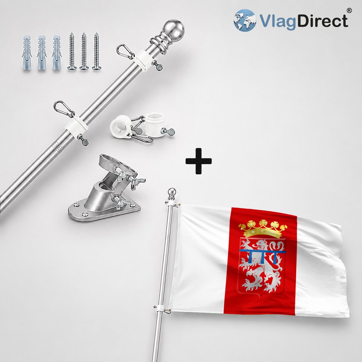 VlagDirect - Compleet vlaggenpakket - Zilveren vlaggenstok inclusief vlaggenstokhouder + Gemeente La Roche-en-Ardenne vlag - 90 x 150 cm.