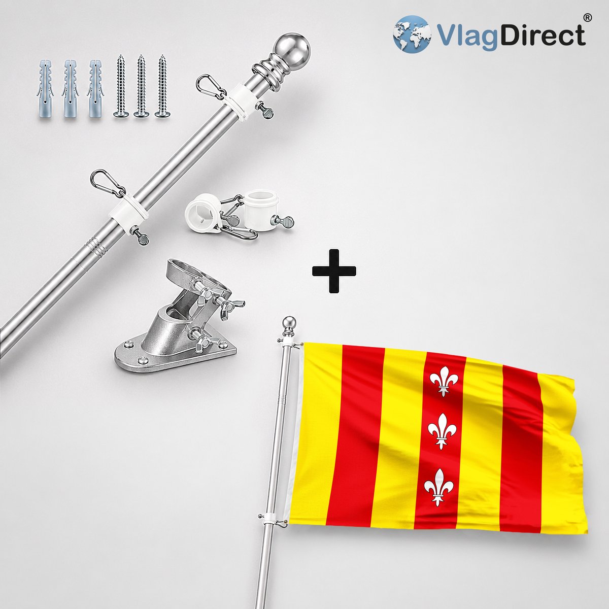 VlagDirect - Compleet vlaggenpakket - Zilveren vlaggenstok inclusief vlaggenstokhouder + Duffelse vlag - Gemeente Duffel vlag - 90 x 150 cm.