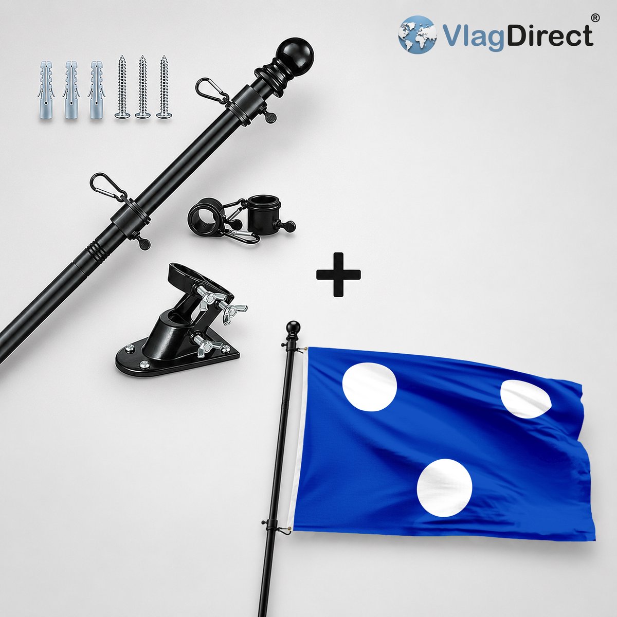VlagDirect - Compleet vlaggenpakket - Zwarte vlaggenstok inclusief vlaggenstokhouder + Koekelaarse vlag - Gemeente Koekelare vlag - 90 x 150 cm.