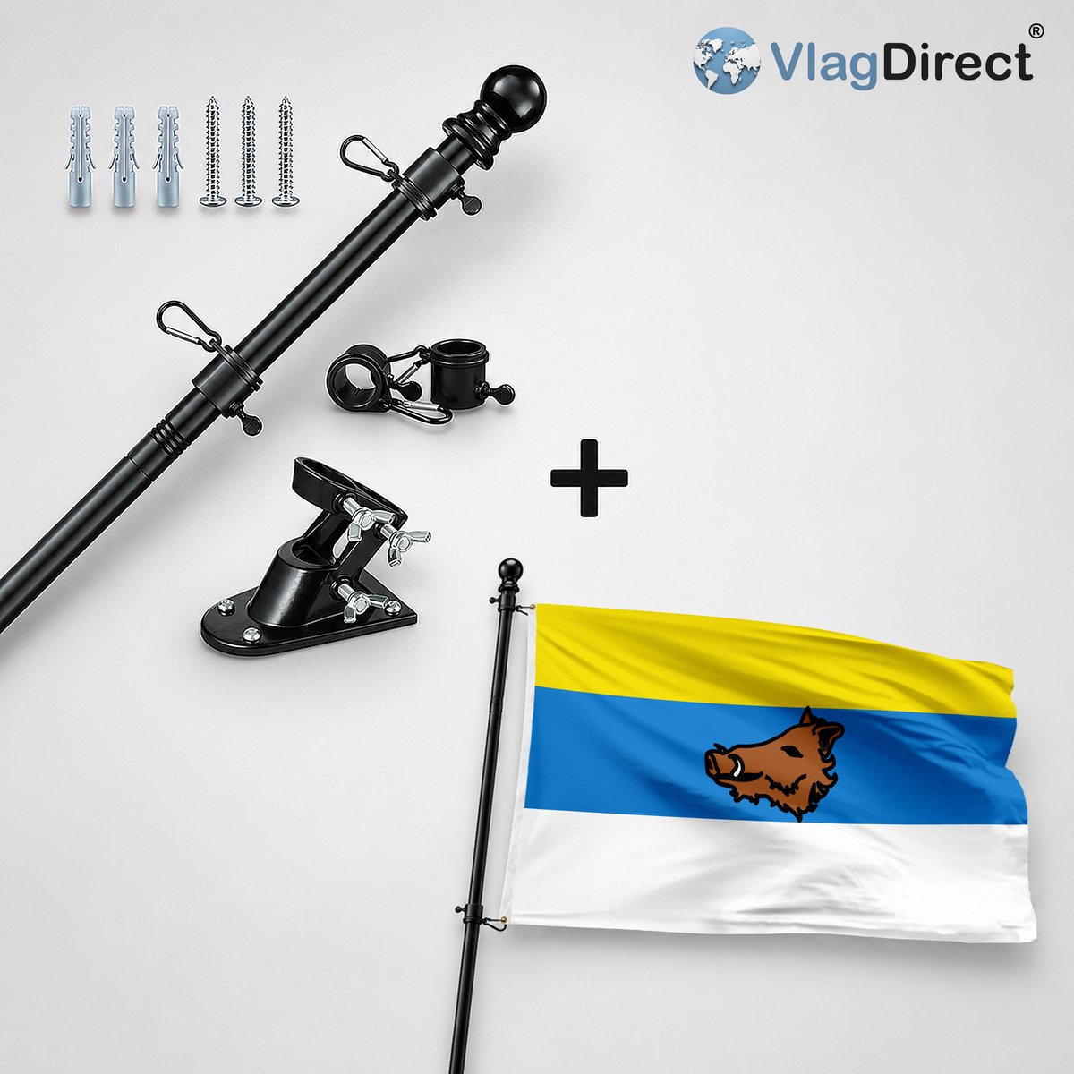VlagDirect - Compleet vlaggenpakket - Zwarte vlaggenstok inclusief vlaggenstokhouder + Zaventemse vlag - Gemeente Zaventem vlag - 90 x 150 cm.