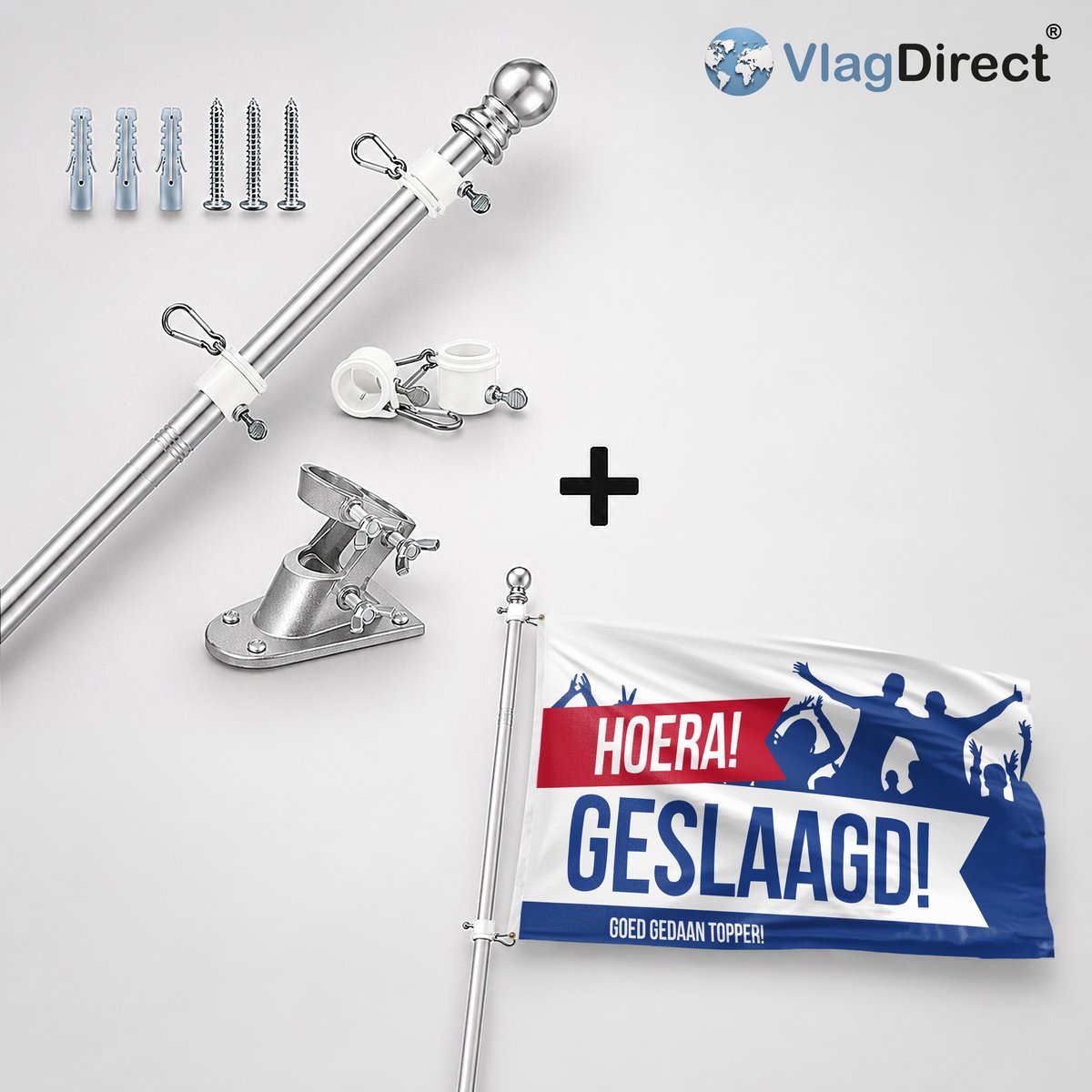VlagDirect - Compleet vlaggenpakket - Zilveren vlaggenstok inclusief vlaggenstokhouder + Hoera Geslaagd vlag - Eindexamen vlag - 90 x 150 cm.