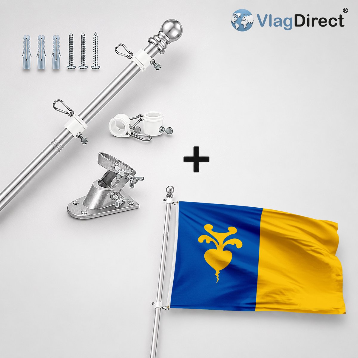 VlagDirect - Compleet vlaggenpakket - Zilveren vlaggenstok inclusief vlaggenstokhouder + Sint-Niklaas, Sint-Niklase vlag - Gemeente Sint-Niklaas vlag - 90 x 150 cm.