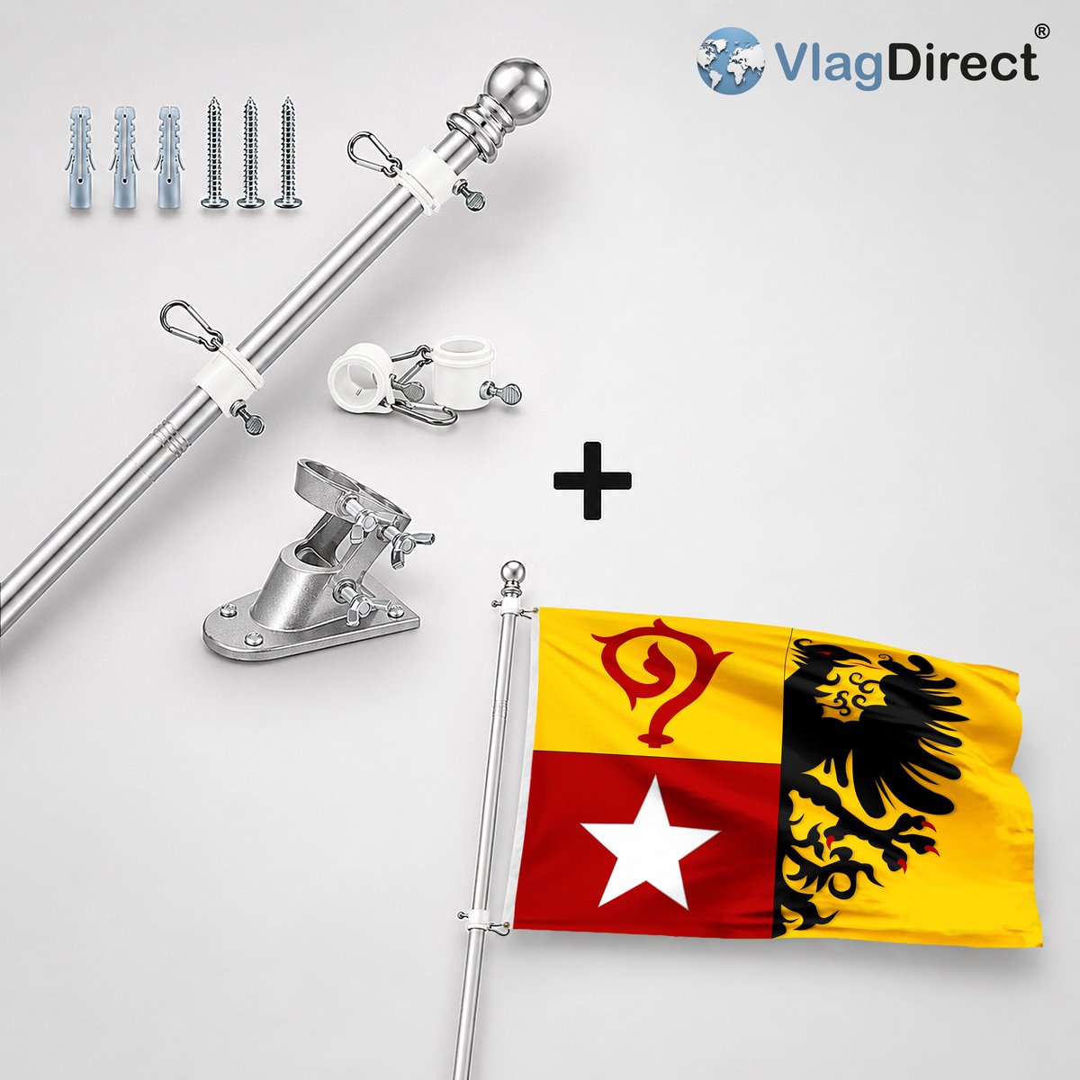 VlagDirect - Compleet vlaggenpakket - Zilveren vlaggenstok inclusief vlaggenstokhouder + Maasmechelse vlag - Gemeente Maasmechelen vlag - 90 x 150 cm.