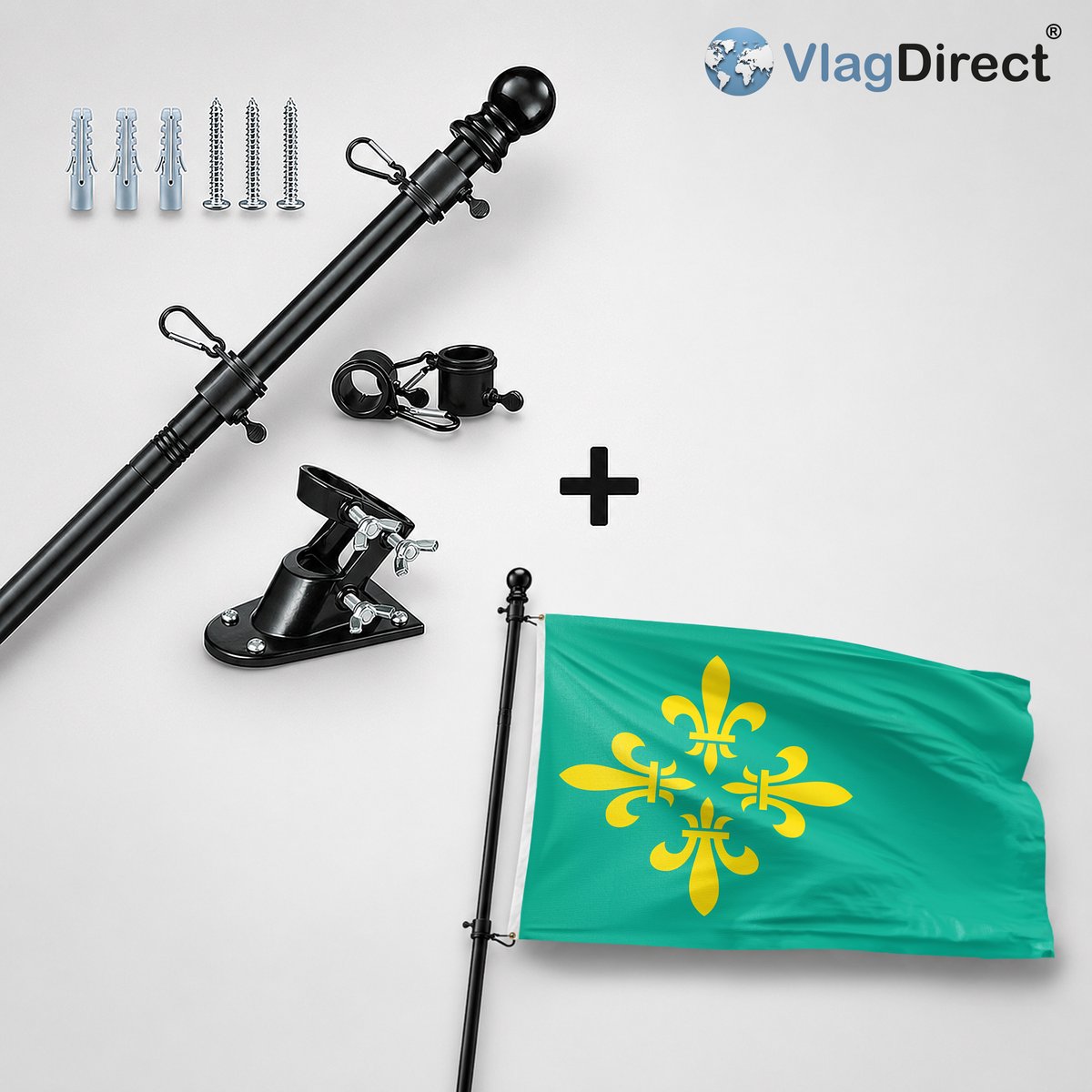 VlagDirect - Compleet vlaggenpakket - Zwarte vlaggenstok inclusief vlaggenstokhouder + Midden-Drenthe vlag - Gemeente Midden-Drenthe vlag - 90 x 150 cm.