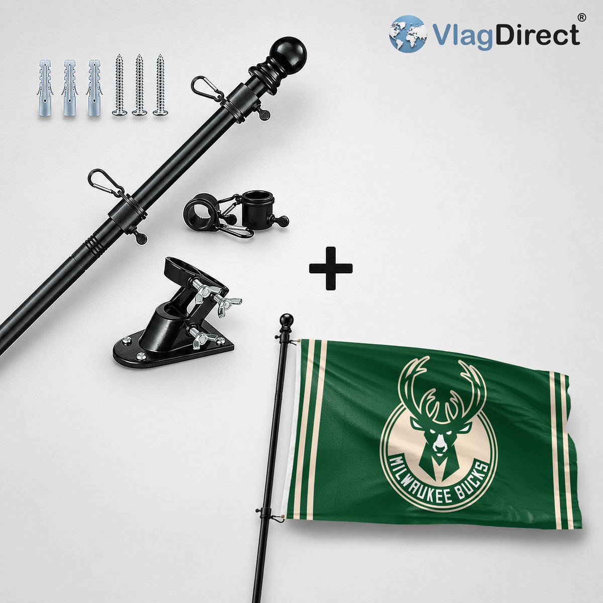 VlagDirect - Compleet vlaggenpakket - Zwarte vlaggenstok inclusief vlaggenstokhouder + Milwaukee Bucks vlag - Milwaukee Bucks basketbalteam vlag - 90 x 150 cm.