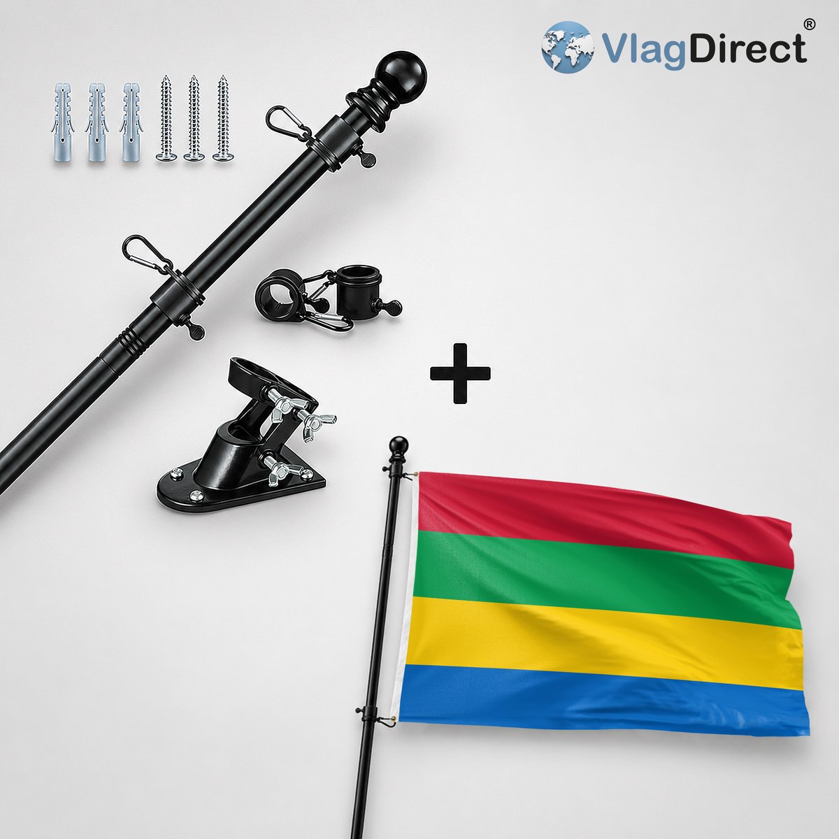 VlagDirect - Compleet vlaggenpakket - Zwarte vlaggenstok inclusief vlaggenstokhouder + Beemster vlag - Gemeente Beemster vlag - 90 x 150 cm.