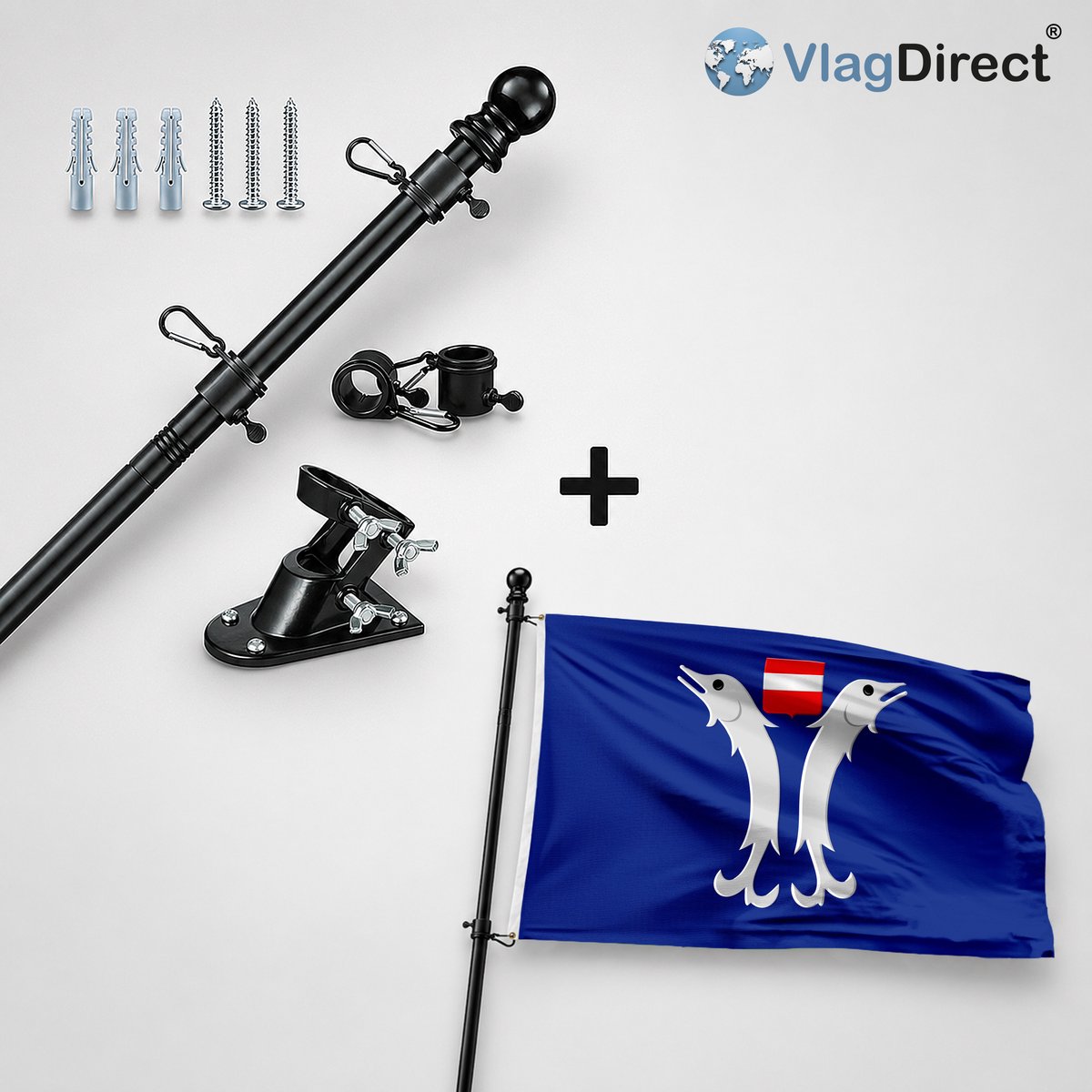 VlagDirect - Compleet vlaggenpakket - Zwarte vlaggenstok inclusief vlaggenstokhouder + Gemeente Doische vlag - 90 x 150 cm.